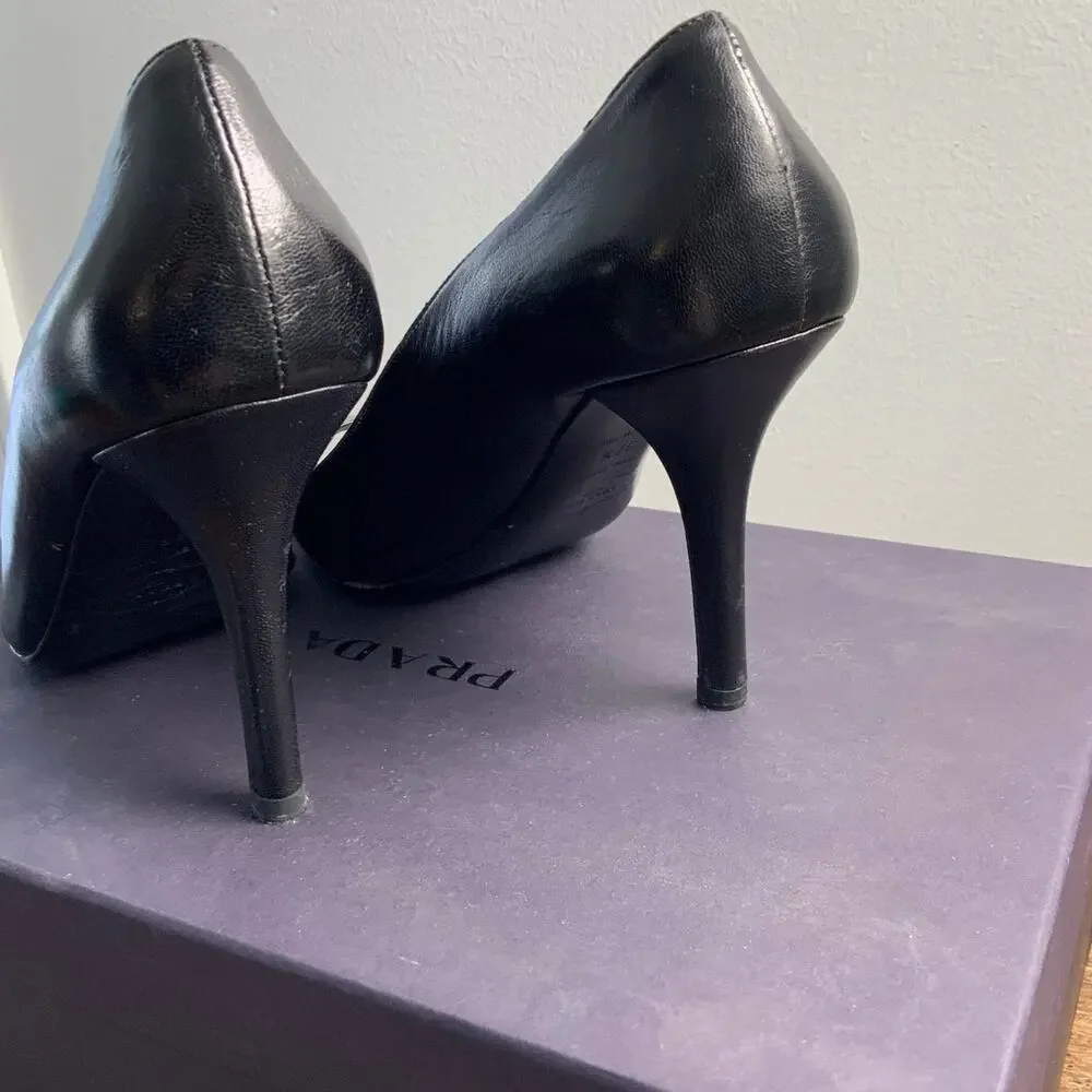 Prada Capretto Pretty‎ Nero Authentic Black Peep Toe Pumps size 37.5 - Picture 7 of 9